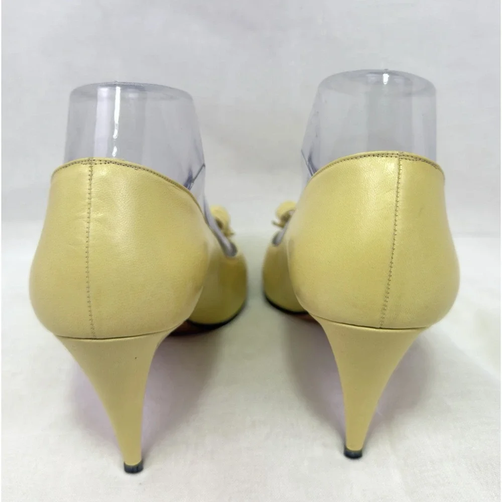 VTG Bally Womens 8.5 M Yellow Leather Bow Pointed Toe Pumps Heels Italy